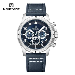 ساعت مچی مردانه Naviforce مدل NF8077 | بند چرمی آبی، صفحه آبی، قاب نقره ای | سه موتور فعال