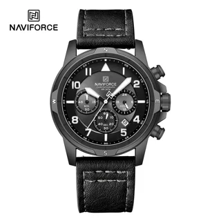 ساعت مچی مردانه Naviforce مدل NF8077 | بند چرمی مشکی، صفحه مشکی، قاب مشکی | سه موتور فعال