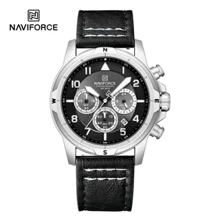 ساعت مچی مردانه Naviforce مدل NF8077 | بند چرمی مشکی، صفحه مشکی، قاب نقره ای | سه موتور فعال