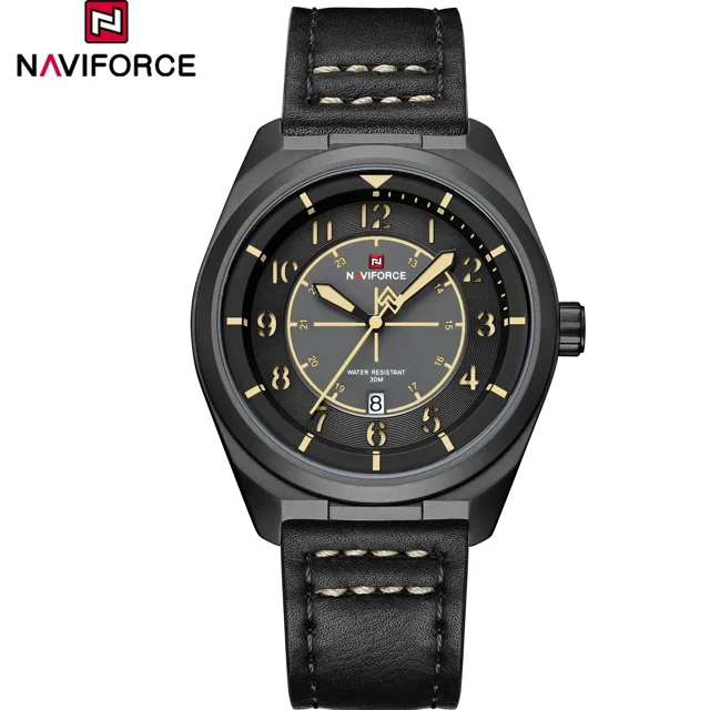 ساعت مچی مردانه Naviforce مدل NF9281 | بند چرم مشکی، صفحه مشکی زرد، قاب مشکی | اسپرت و مقاوم