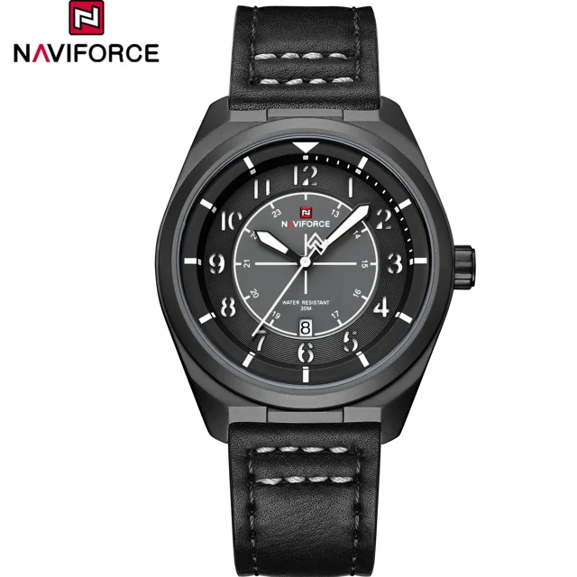 ساعت مچی مردانه Naviforce مدل NF9281 | بند چرم مشکی، صفحه مشکی سفید، قاب مشکی | اسپرت و مقاوم