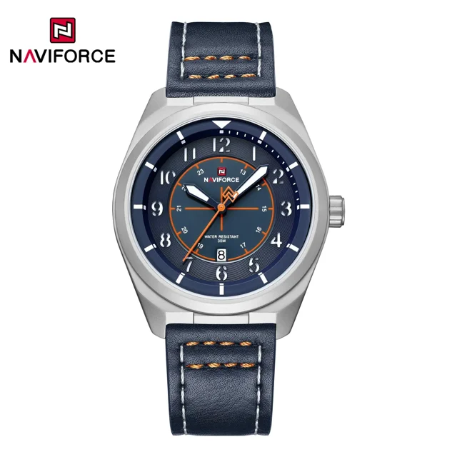 ساعت مچی مردانه Naviforce مدل NF9281 | بند چرم آبی، صفحه آبی، قاب نقره ای | اسپرت و مقاوم