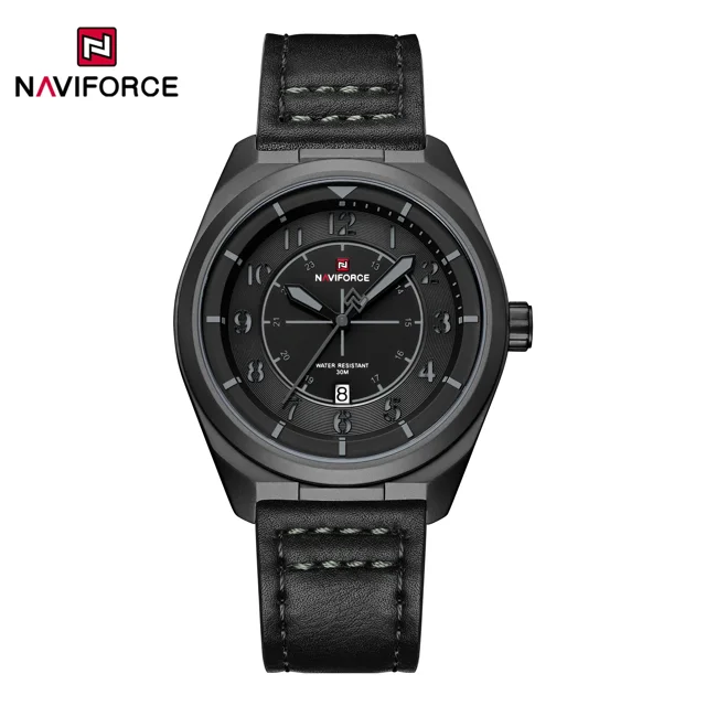 ساعت مچی مردانه Naviforce مدل NF9281 | بند چرم مشکی، صفحه و قاب مشکی | اسپرت و مقاوم