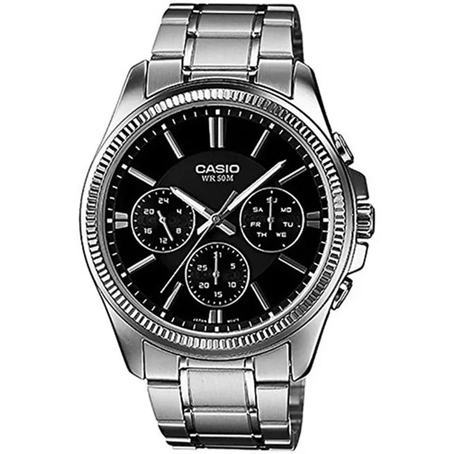 ساعت مچی مردانه Casio مدل MTP-1375D-1AVDF | بند استیل نقره‌ای با صفحه مشکی| سه موتور فعال