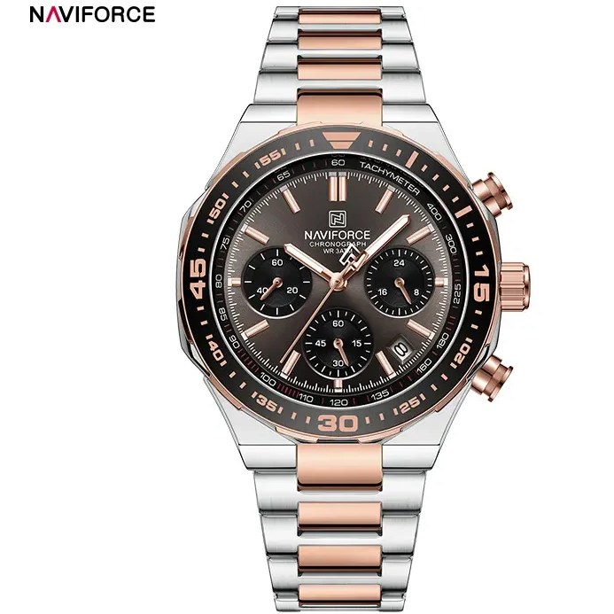 ساعت مچی مردانه Naviforce مدل NF80۴۹ | بند استیل نقره ای رزگلد، صفحه خاکستری، سه موتور فعال