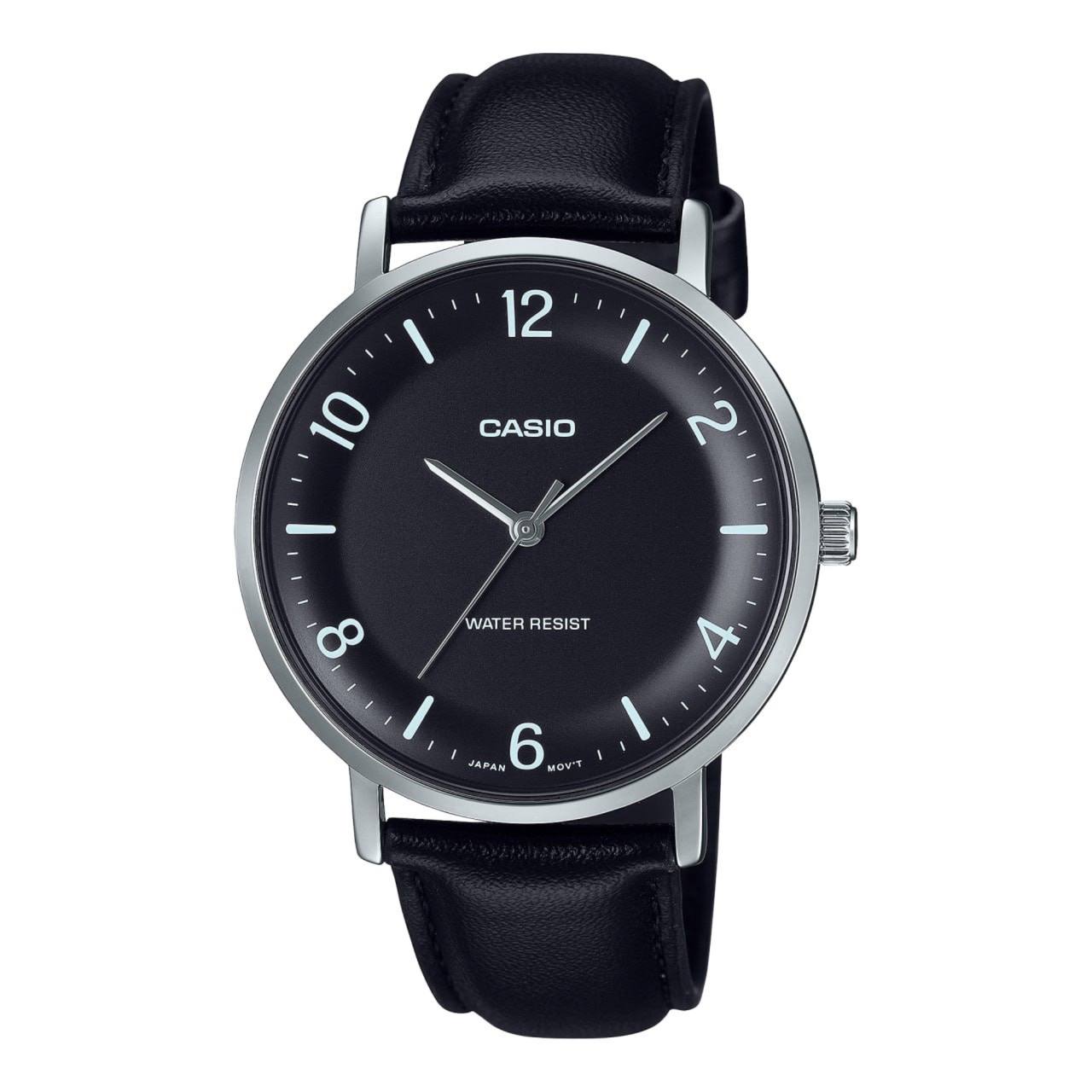 ساعت مچی مردانه کاسیو Casio MTP-VT03L-1BDF – بند چرمی مشکی، صفحه مشکی مینیمال و کلاسیک