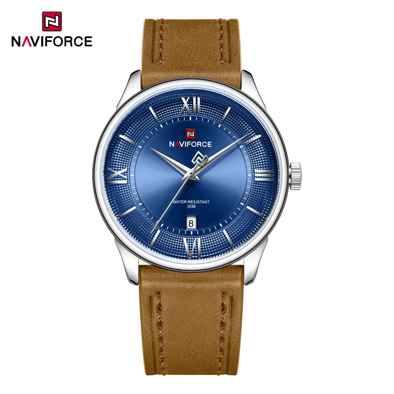 ساعت مچی مردانه Naviforce مدل NF9272 | بند چرم قهوه ای روشن، صفحه آبی |کلاسیک و رسمی