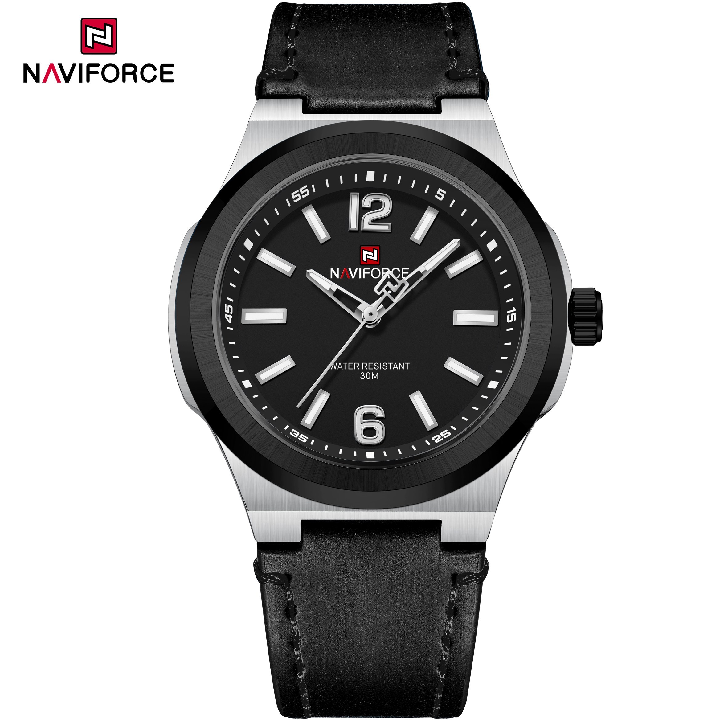 ساعت مچی مردانه Naviforce مدل NF9233 | بند چرمی مشکی، صفحه مشکی، قاب نقره ای
