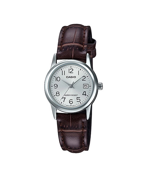 ساعت مچی زنانه Casio مدل LTP-V002L-7B2 | بند چرم قهوه ای و صفحه سفید کلاسیک