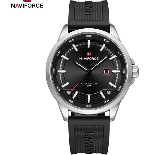 ساعت مچی مردانه Naviforce مدل NF9248 | بند سیلیکونی مشکی، صفحه مشکی، قاب نقره ای | اسپرت و مقاوم
