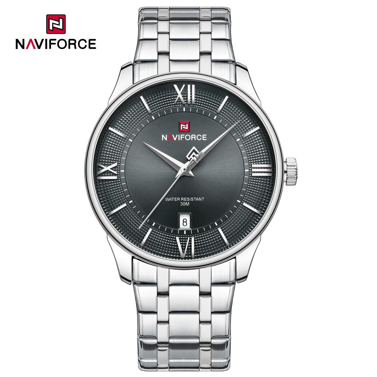 ساعت مچی مردانه Naviforce مدل NF9272 | بند استیل نقره ای، صفحه خاکستری |کلاسیک و رسمی