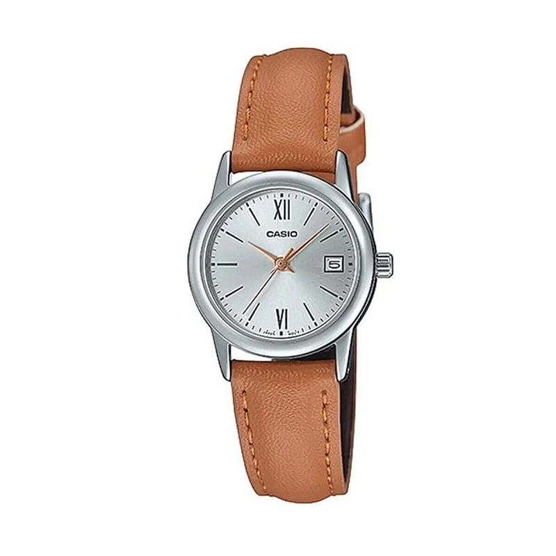 ساعت مچی زنانه Casio مدل LTP-V002L-7B3UDF | بند چرم قهوه ای و صفحه سفید کلاسیک
