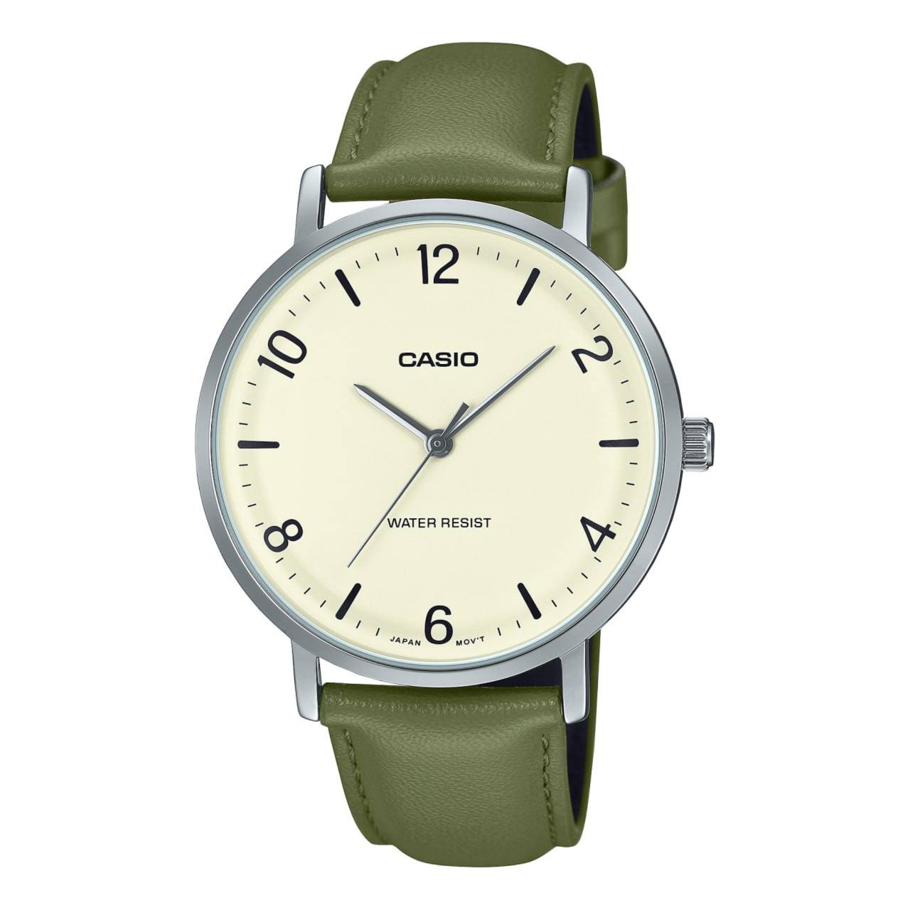 ساعت مچی مردانه کاسیو Casio MTP_VT03L_7B – بند چرمی سبز، صفحه سفید مینیمال و کلاسیک
