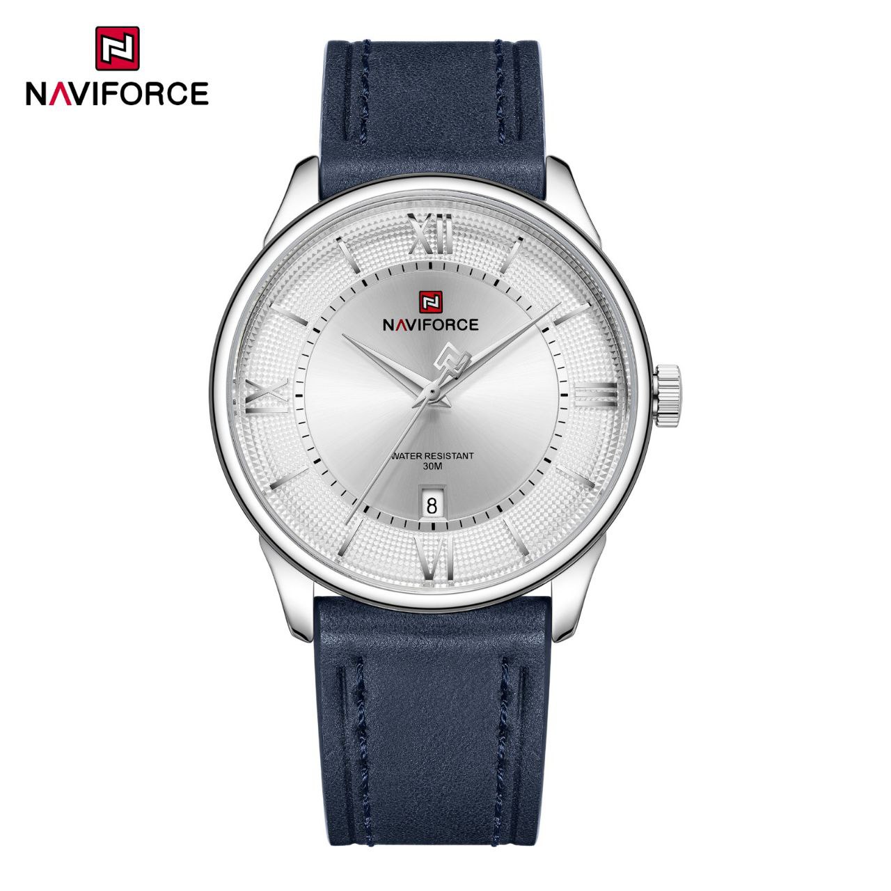 ساعت مچی مردانه Naviforce مدل NF9272 | بند چرم آبی، صفحه سفید |کلاسیک و رسمی