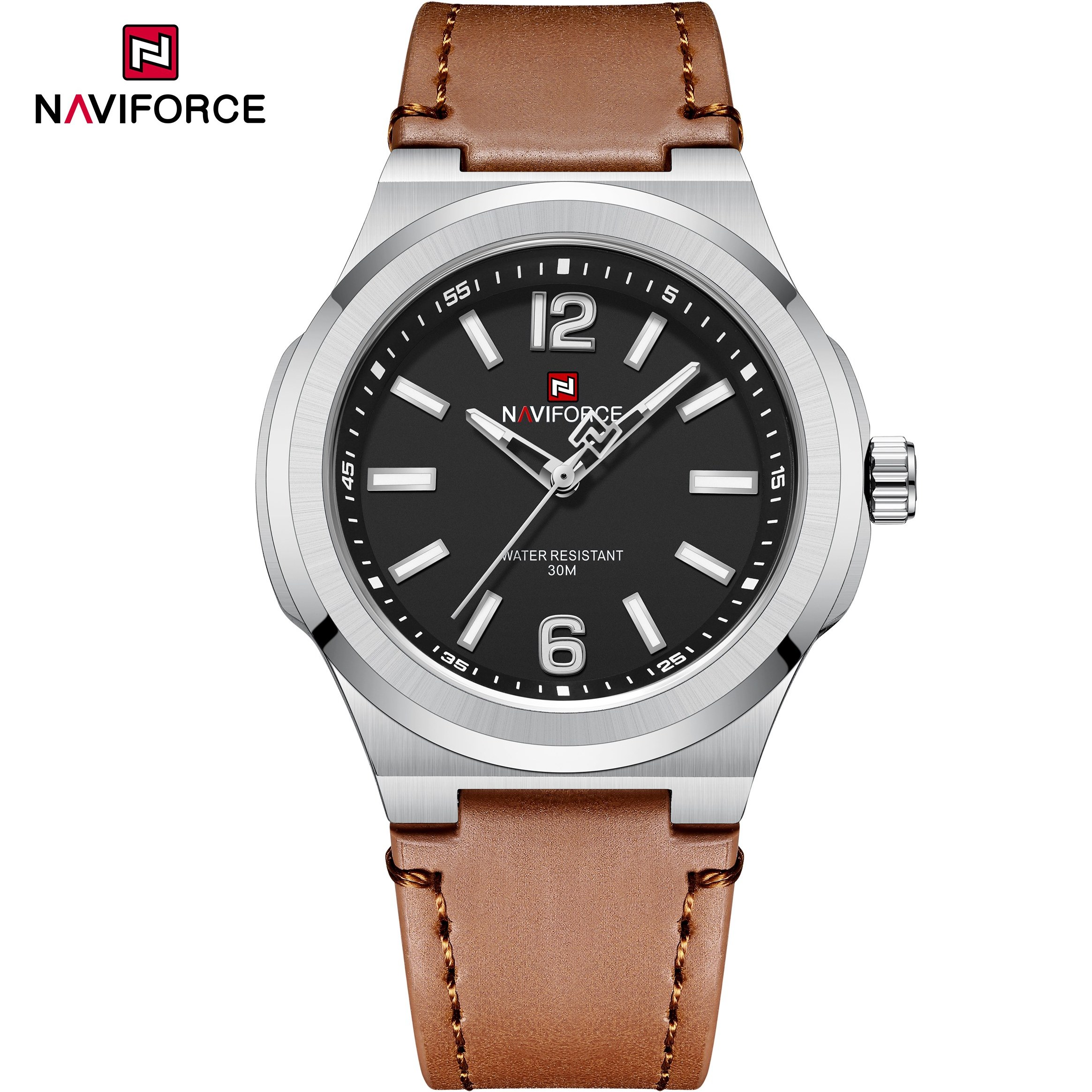 ساعت مچی مردانه Naviforce مدل NF9233 | بند چرمی قهوه ای روشن، صفحه مشکی، قاب نقره ای