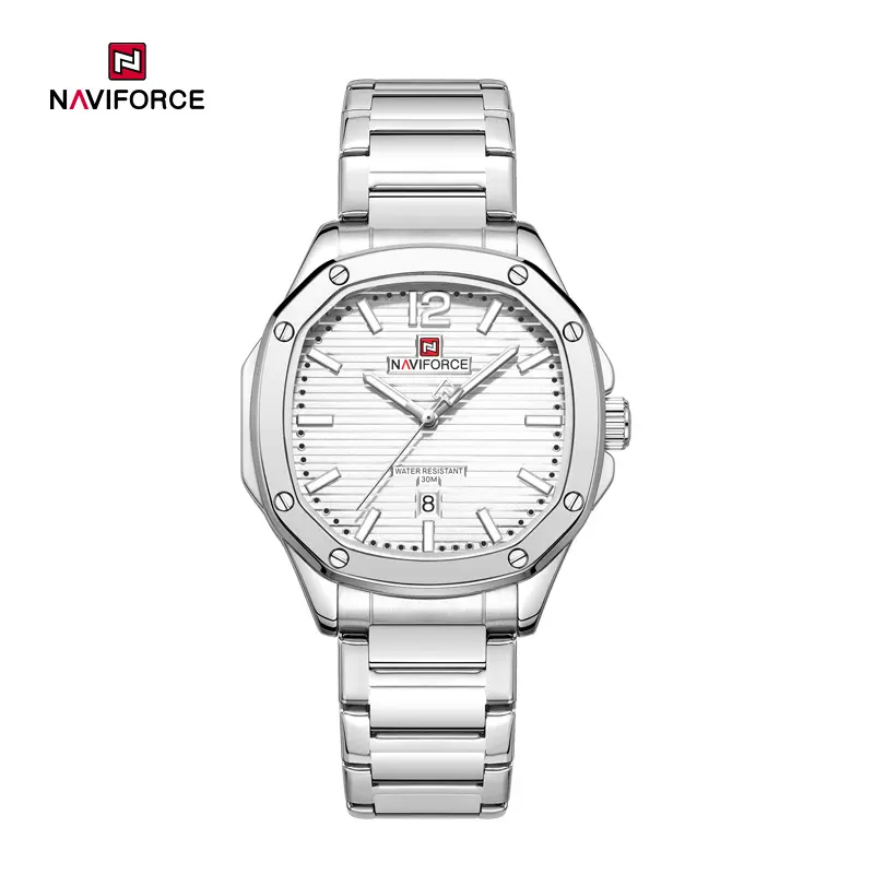 ساعت مچی مردانه Naviforce مدل NF9243 | بند استیل نقره ای، صفحه مربعی سفید | کلاسیک و رسمی