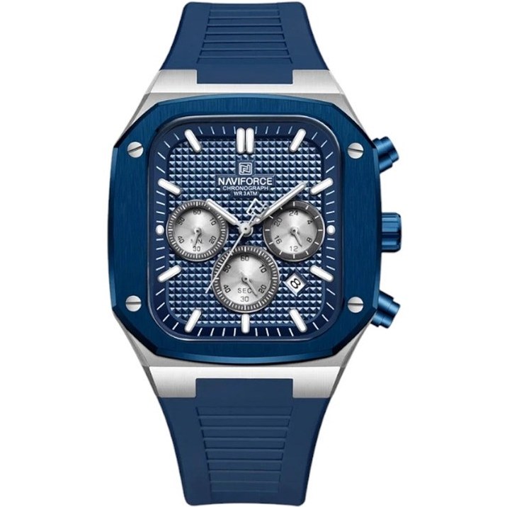 ساعت مچی مردانه Naviforce مدل NF8037 | بند سیلیکونی آبی، صفحه آبی، قاب نقره ای، فول تایم | اسپرت