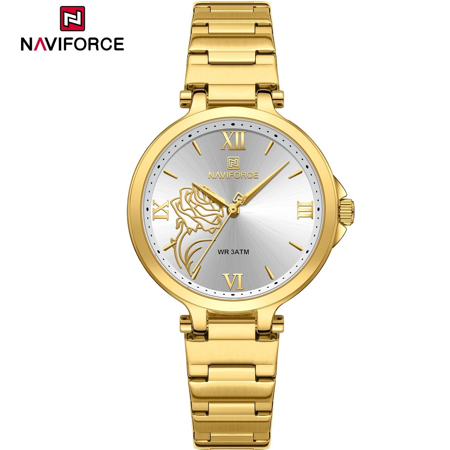ساعت مچی زنانه Naviforce مدل NF5060 | بند فلزی طلایی، صفحه سفید | رسمی