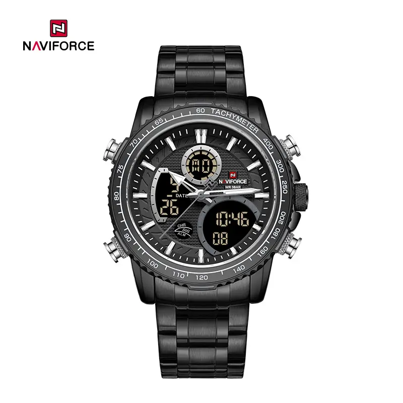 ساعت مردانه Naviforce NF9182 مشکی | کرنومتر، آلارم، ضد آب، دوزمانه | اسپرت و مقاوم