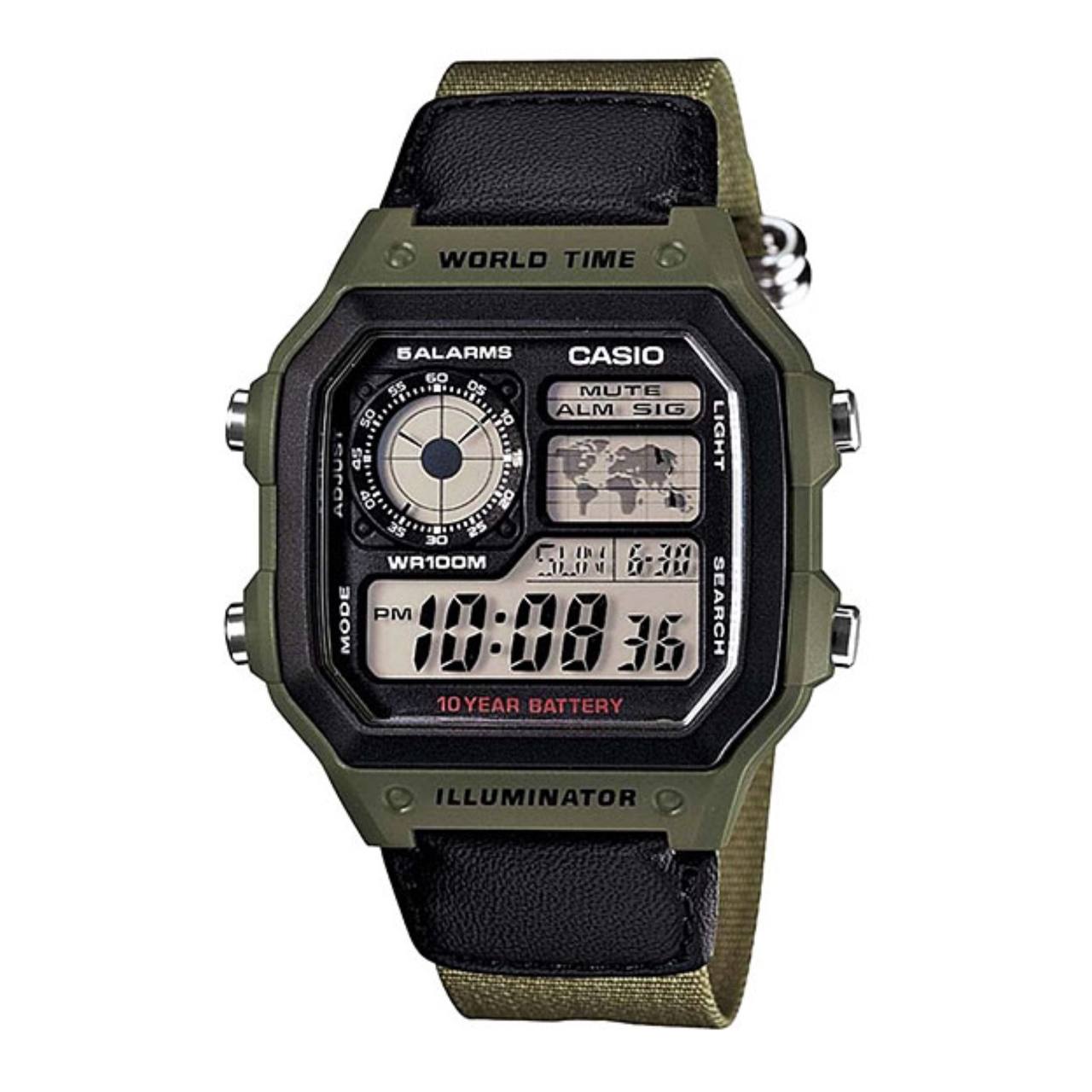 ساعت مچی مردانه Casio مدل AE-1200WHB-3B | بند برزنت سبز، دیجیتال | چند زمانه و مقاوم