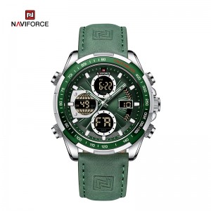 ساعت مچی مردانه Naviforce مدل NF9197 | بند چرمی سبز، صفحه سبز، قاب نقره ای، دوزمانه