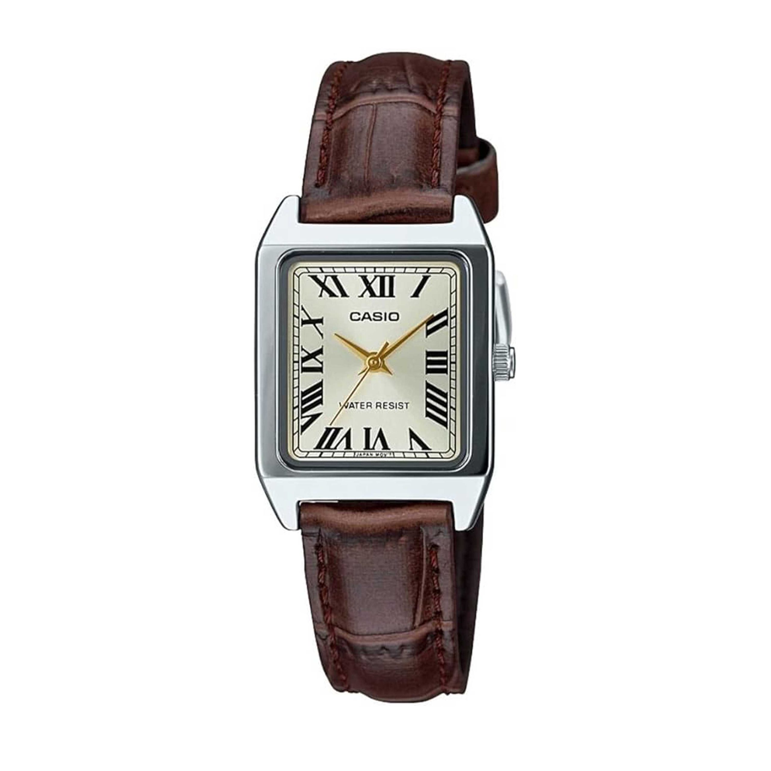 ساعت مچی زنانه Casio مدل LTP-V007L-9B | بند چرم قهوه ای و صفحه سفید شیری | کلاسیک