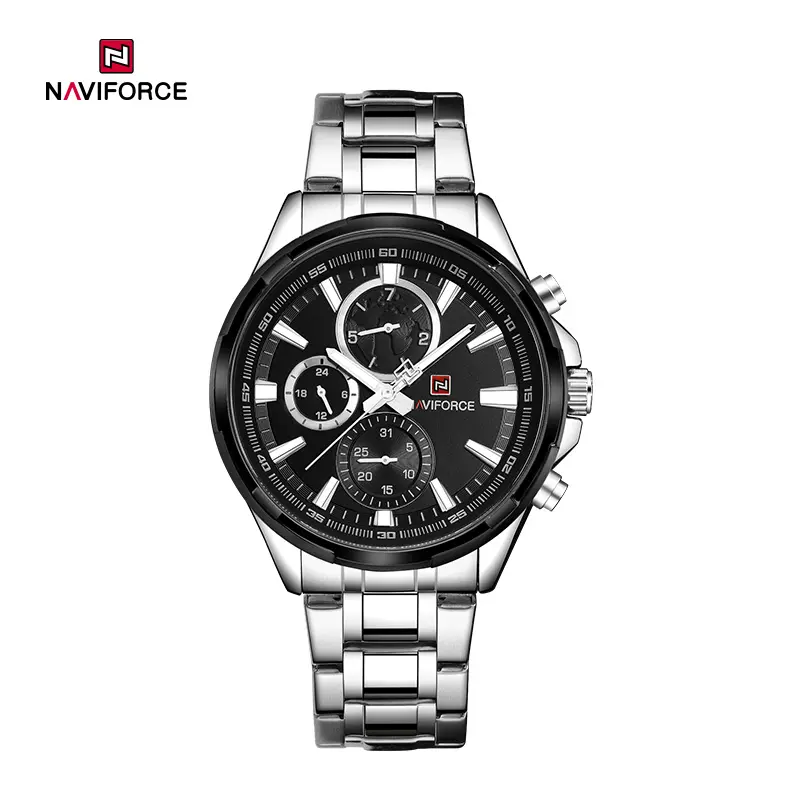 ساعت مچی مردانه Naviforce مدل NF9089 | بند فلزی نقره ای، صفحه مشکی |اسپرت و فول تایم با بند چرم اضافه