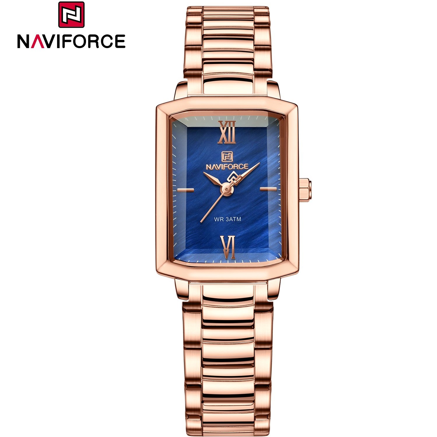 ساعت مچی زنانه Naviforce مدل NF5039 | بند فلزی رزگلد، صفحه آبی | کلاسیک و رسمی