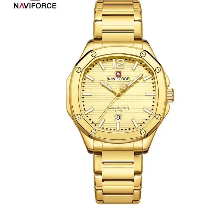 ساعت مچی مردانه Naviforce مدل NF9243 | بند استیل طلایی، صفحه مربعی طلایی | کلاسیک و رسمی