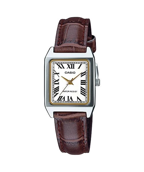 ساعت مچی زنانه Casio مدل LTP-V007L-7B2 | بند چرم قهوه ای و صفحه سفید | کلاسیک