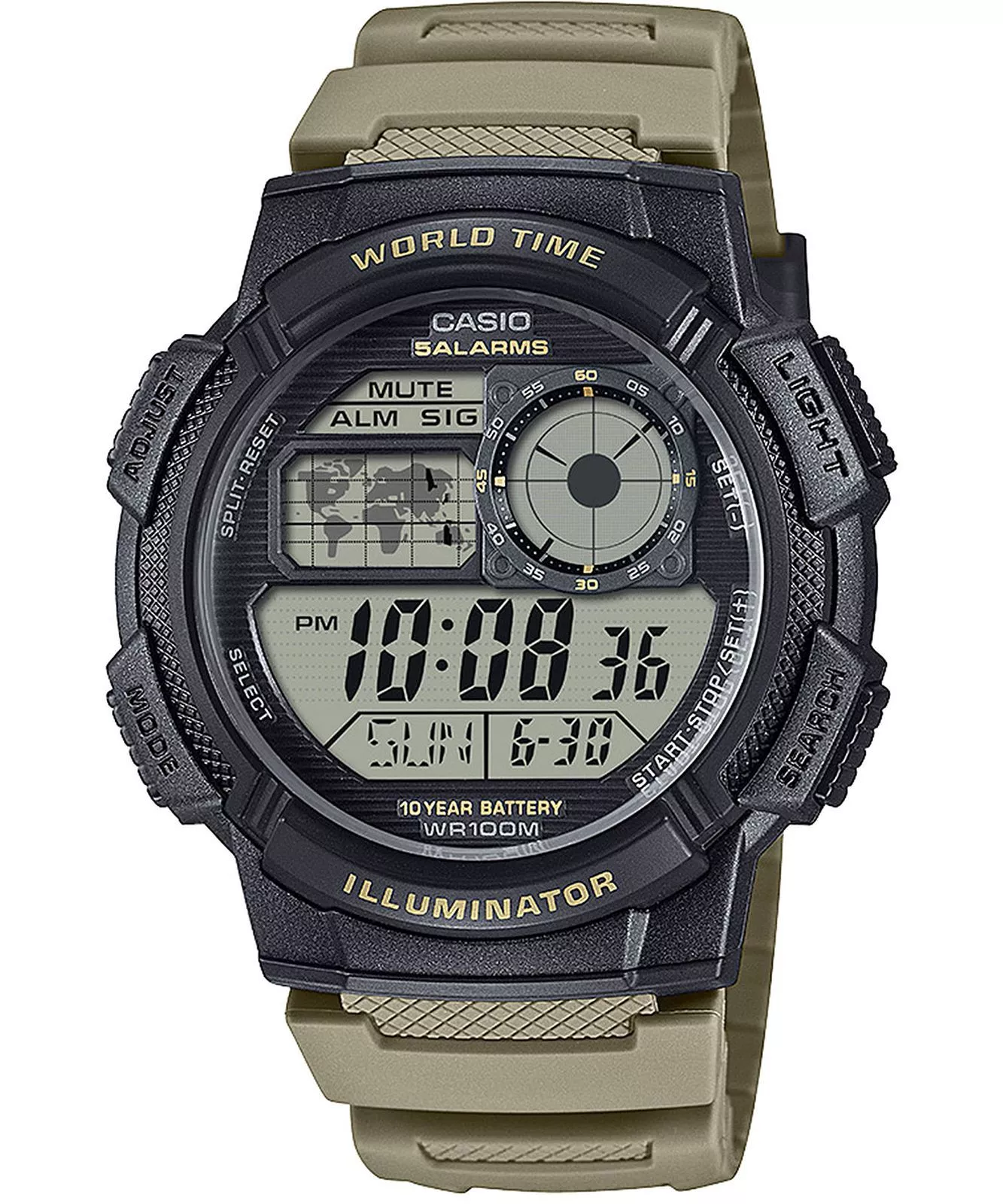 ساعت مچی مردانه Casio مدل AE-1000W-5A | بند رزینی سبز زیتونی ،دیجیتال | اسپرت و مقاوم