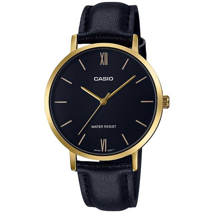 ساعت مچی زنانه Casio مدل LTP-VT01GL-1B | بند چرم مشکی،قاب طلایی و صفحه مشکی کلاسیک