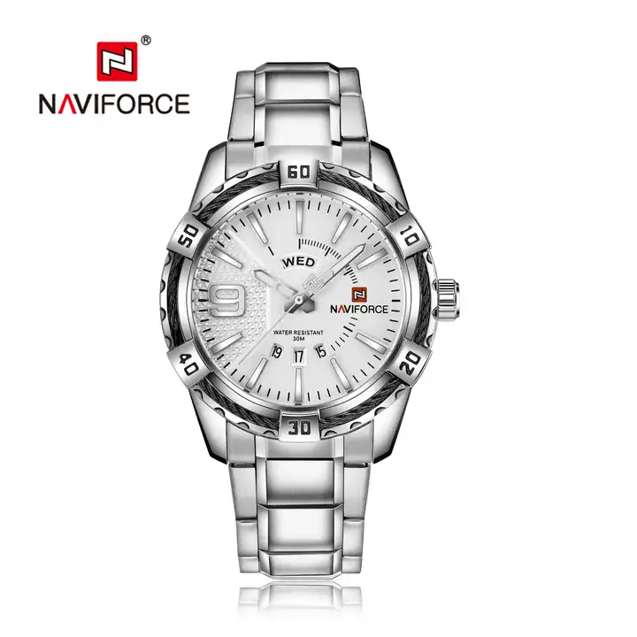 ساعت مچی مردانه Naviforce مدل NF9117 | بند فلزی نقره ای، صفحه سفید، نمایش روز هفته و تاریخ