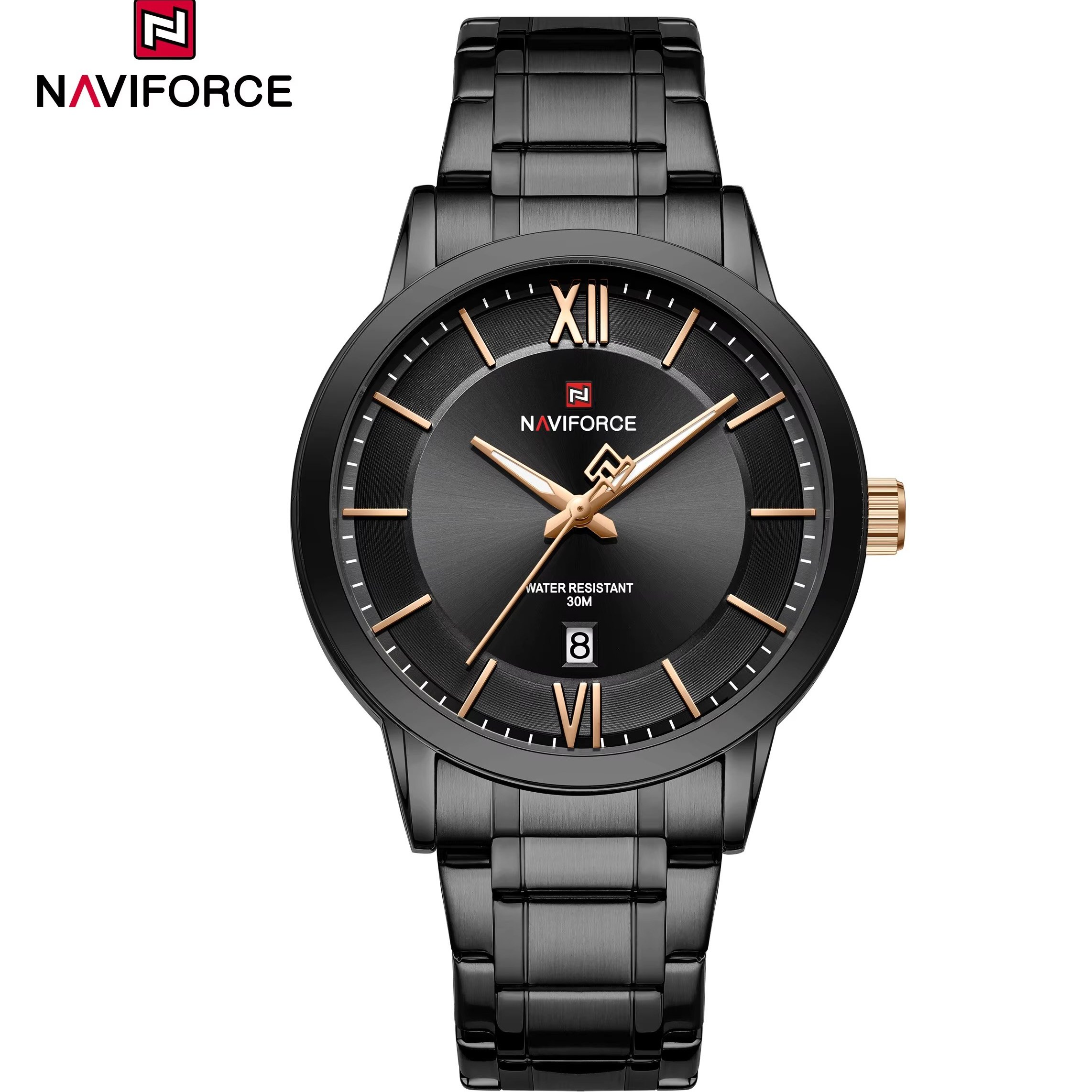 ساعت مچی مردانه Naviforce مدل NF9254 | بند استیل ضدزنگ مشکی، صفحه مشکی طلایی | رسمی و کلاسیک