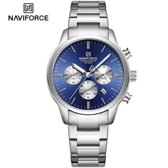 ساعت مچی مردانه Naviforce مدل NF8076 | بند استیل نقره ای، صفحه آبی، سه موتور فعال