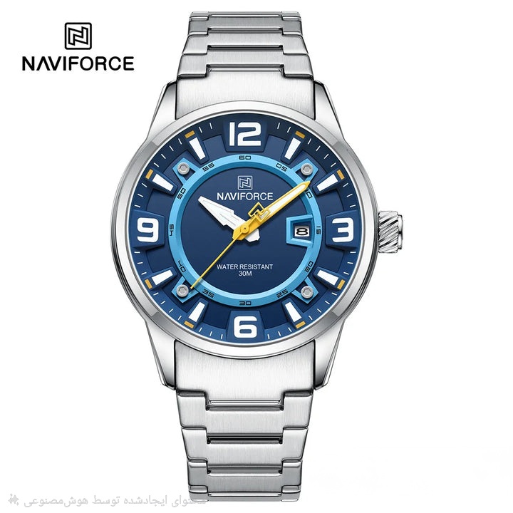 ساعت مچی مردانه Naviforce مدل NF8044 | بند فلزی نقره ای، صفحه آبی | ترکیب اسپرت و کلاسیک