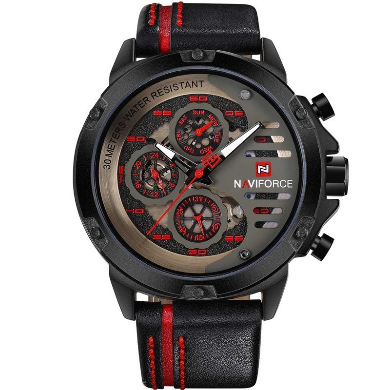 ساعت مچی مردانه Naviforce مدل NF9110 | بند چرمی مشکی، صفحه قرمز، فول تایم