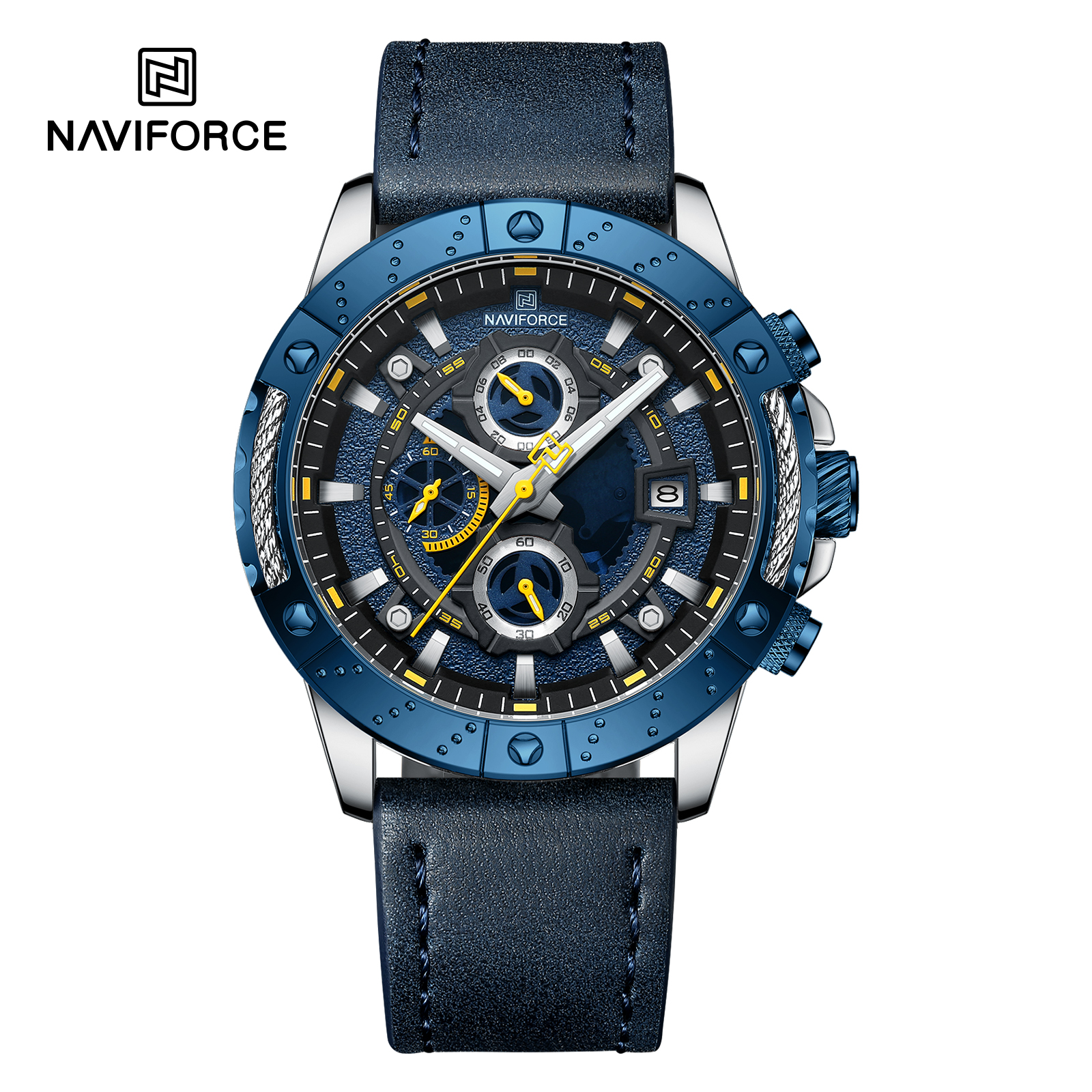 ساعت مچی مردانه Naviforce مدل NF8055 | بند چرمی آبی، صفحه آبی | کرونوگراف و اسپرت