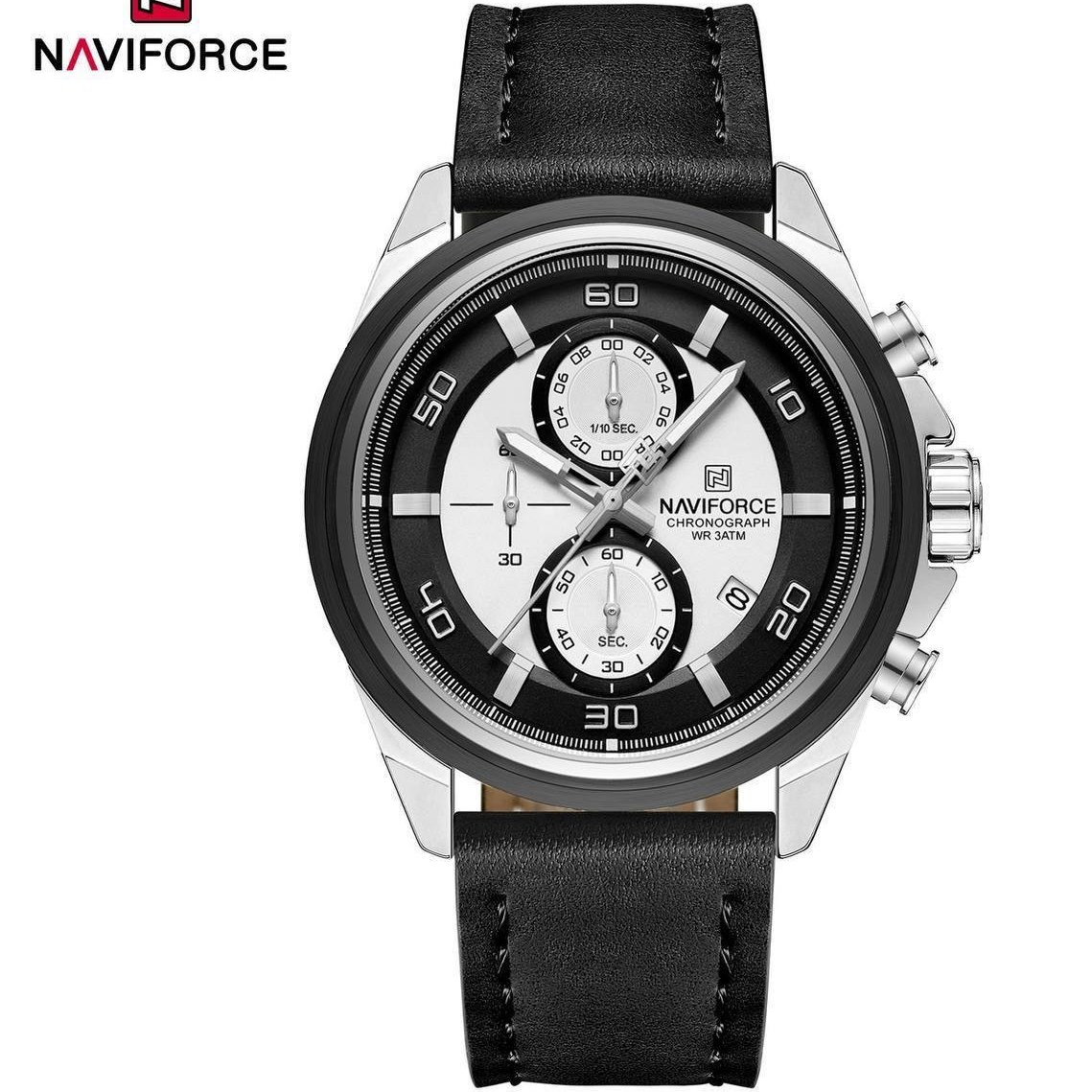 ساعت مچی مردانه Naviforce مدل NF8075 | بند چرمی مشکی، صفحه سفید | کرونوگراف و اسپرت