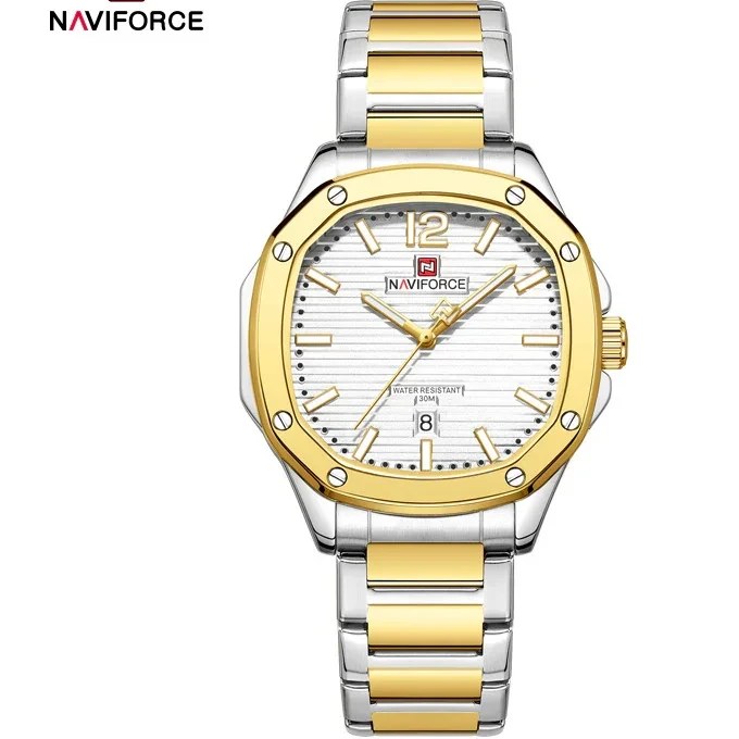 ساعت مچی مردانه Naviforce مدل NF9243 | بند استیل نقره ای طلایی، صفحه مربعی سفید | کلاسیک و رسمی