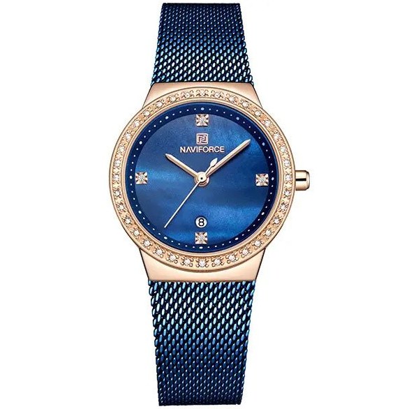 ساعت مچی زنانه Naviforce مدل NF5005 | بند حصیری آبی، صفحه آبی، دور نگین