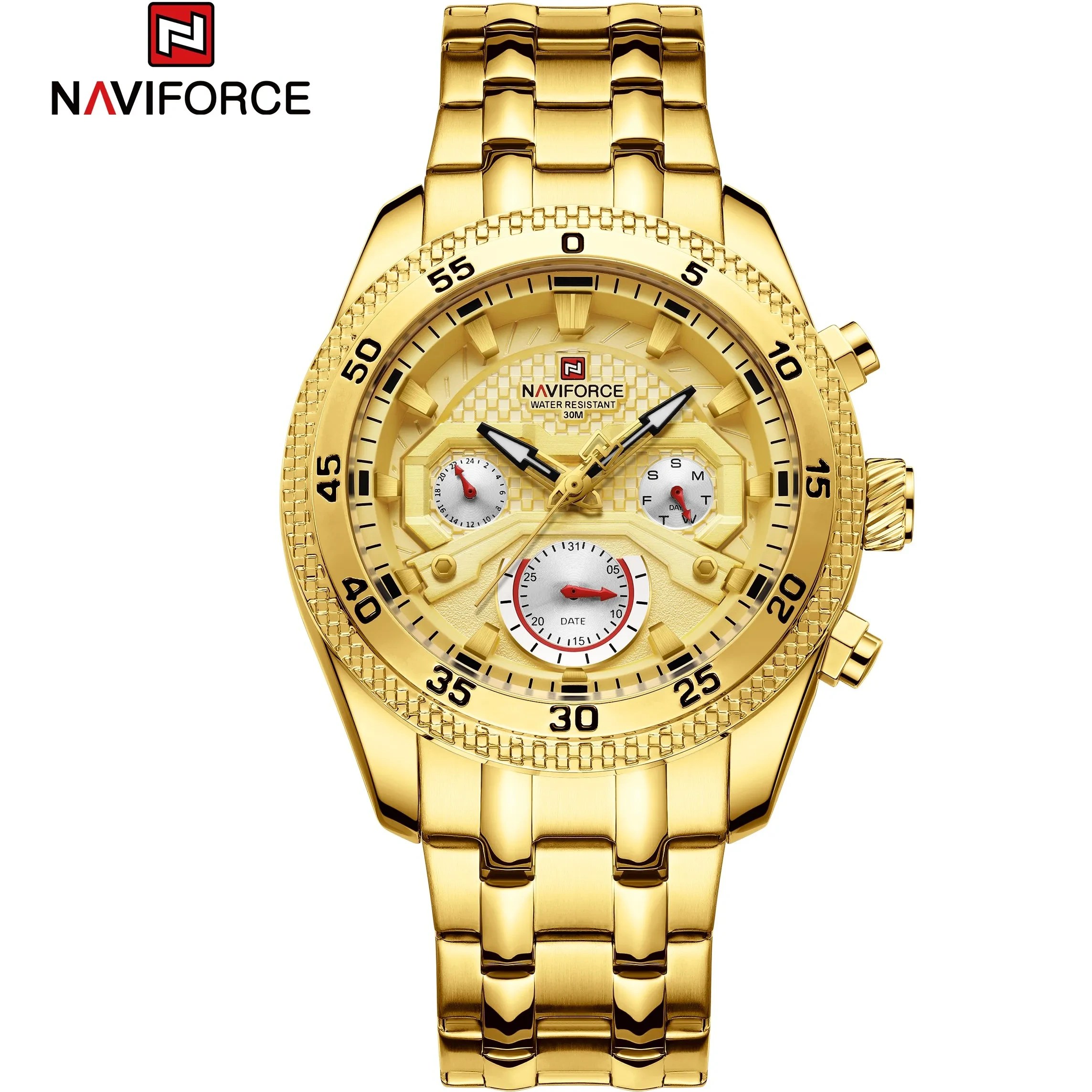 ساعت مچی مردانه Naviforce مدل NF9222 | بند استیل طلایی، صفحه طلایی | فول تایم و اسپرت