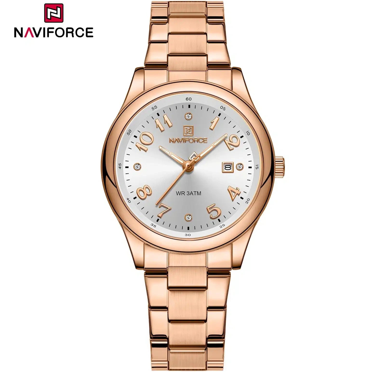 ساعت مچی زنانه Naviforce مدل NF5059 | بند استیل رزگلد، صفحه سفید، تاریخ دار