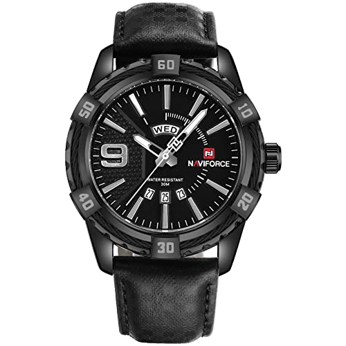 ساعت مچی مردانه Naviforce مدل NF9117 | بند چرمی مشکی، صفحه مشکی، نمایش روز هفته و تاریخ