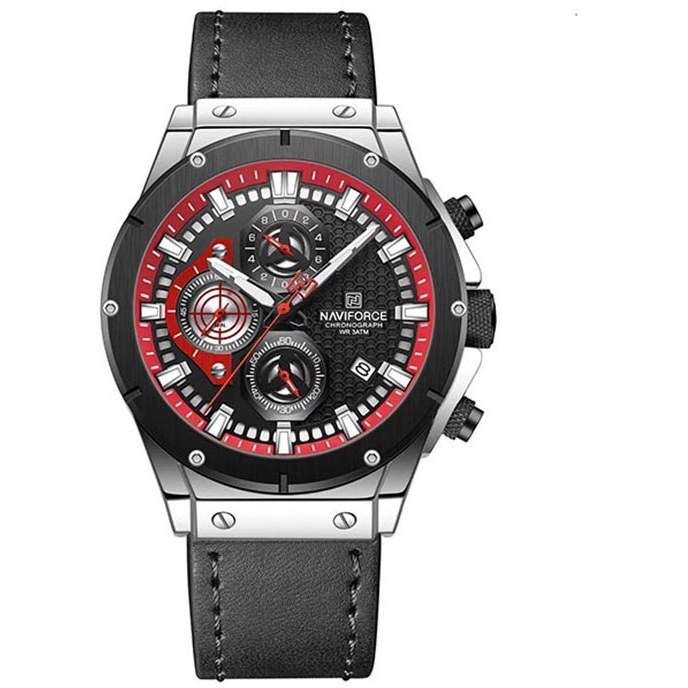 ساعت مچی مردانه Naviforce مدل NF8027 | بند چرم مشکی، صفحه مشکی قرمز، کرونوگراف