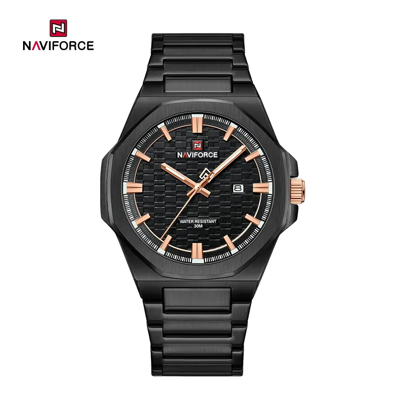 ساعت مچی مردانه Naviforce مدل NF9245 | بند استیل مشکی مات، صفحه مشکی، قاب مشکی