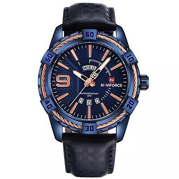 ساعت مچی مردانه Naviforce مدل NF9117 | بند چرمی آبی، صفحه آبی رزگلد، نمایش روز هفته و تاریخ