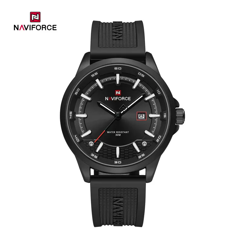 ساعت مچی مردانه Naviforce مدل NF9248 | بند سیلیکونی مشکی، صفحه مشکی سفید | اسپرت و مقاوم