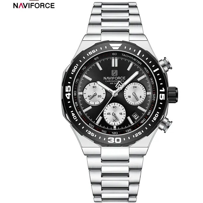 ساعت مچی مردانه Naviforce مدل NF8049 | بند استیل نقره ای، صفحه مشکی، سه موتور فعال