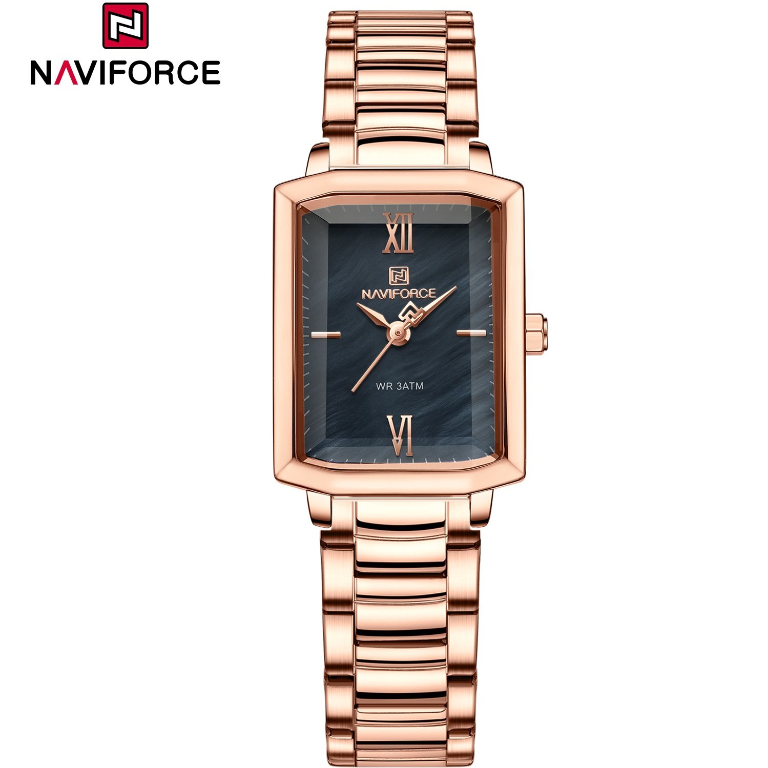 ساعت مچی زنانه Naviforce مدل NF5039 | بند فلزی طلایی، صفحه مشکی، قاب مستطیلی